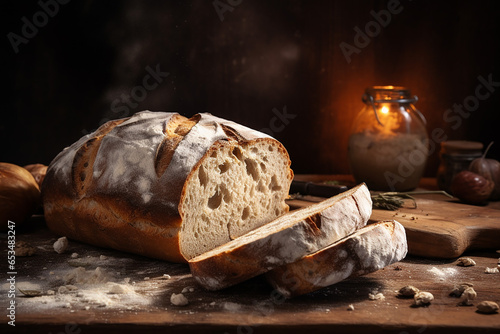 still life composed of sliced slices of freshly baked tasty bread for breakfast in rustic style, generative AI