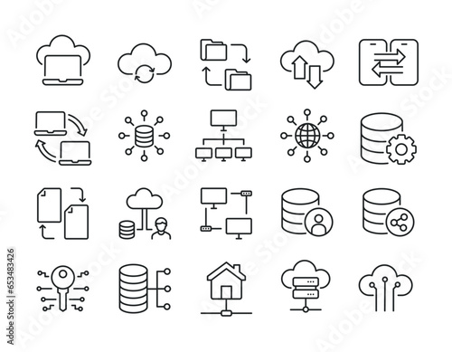 Data traffic, database, clouds, exchange thin line icons. Editable stroke. For website marketing design, logo, app, template, ui, etc. Vector illustration.
