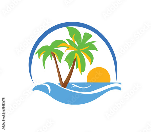 Fototapeta Naklejka Na Ścianę i Meble -  Oasis landscape sun with palms and water PNG cartoon design