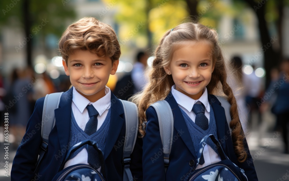 Children going to school with backpacks. Generative AI Children going to school with backpacks. Generative AI