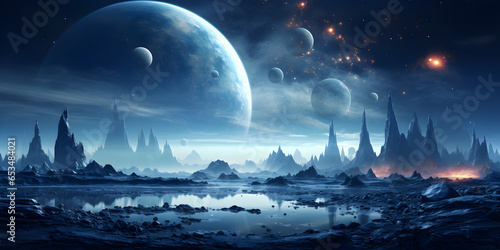 panoramic beautiful alien world landscape with moons and clouds