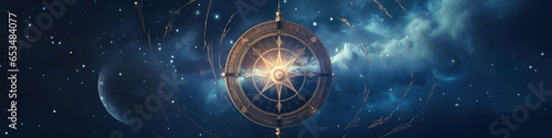Compass pointing to goals against illuminated beautiful space
