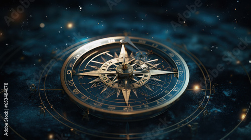 Compass pointing to goals against illuminated beautiful space