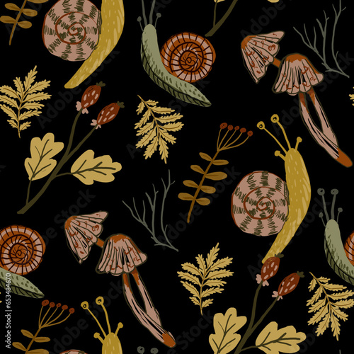 Autumn forest seamless hand drawn pattern with mushrooms,leaves,buds,snails.Colorful vector illustration.