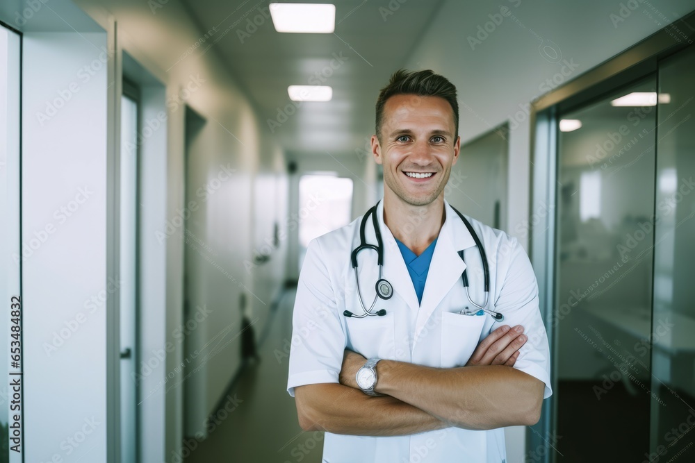 Portrait of smiling male doctor standing with arms crossed in hospital corridor Portrait of smiling male doctor standing with arms crossed in hospital corridor