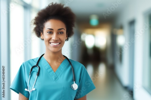 Portrait of smiling african american female nurse with stethoscope in hospital corridor