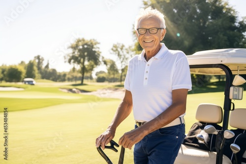 Portrait Of Happy Senior Golfer In Golf Car On Golf Course