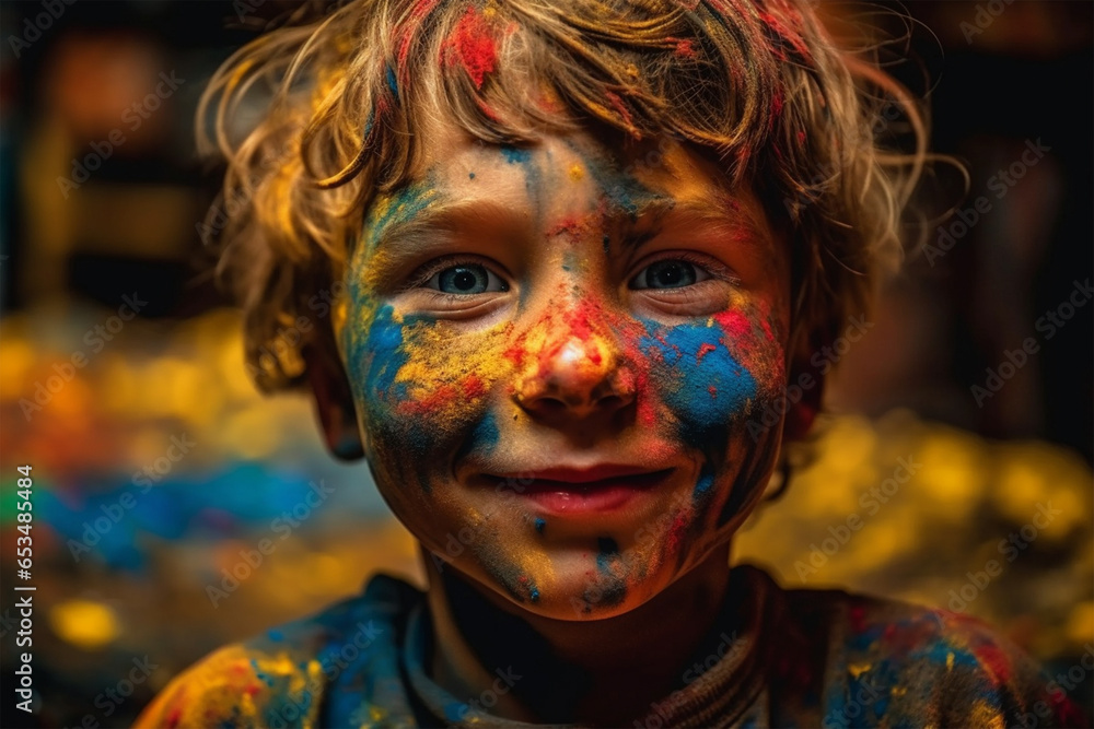Portrait of a cute happy boy covered in colored powder and celebrating the Holi festival .
