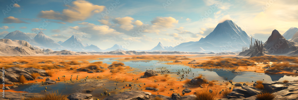panoramic beautiful alien world landscape with mountains and clouds