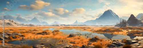 panoramic beautiful alien world landscape with mountains and clouds