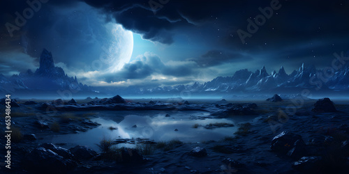 panoramic beautiful alien world landscape with moon and clouds