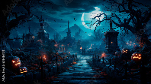 Scary Halloween scene with angry Jack O lanterns, a haunted house, and a full moon
