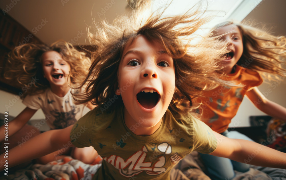 Happy children jumping on a bed. Generative AI