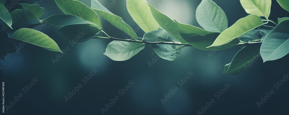 Natural background border with fresh juicy leaves with soft focus outdoors in nature, wide format, copy space, atmospheric image in soothing muted dark green tones, copyspace Natural background border with fresh juicy leaves with soft focus outdoors in nature, wide format, copy space, atmospheric image in soothing muted dark green tones, copyspace