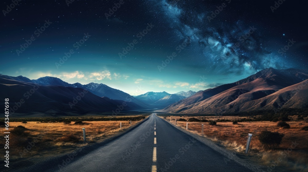 The road leads into a mountain valley. In the sky, the Milky Way and clouds appeared, looking beautiful. - obrazy, fototapety, plakaty 