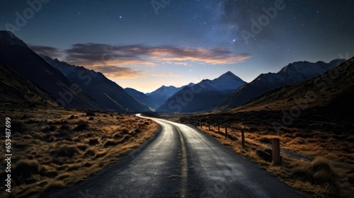 The road leads into a mountain valley. In the sky, the Milky Way and clouds appeared, looking beautiful. © panu101