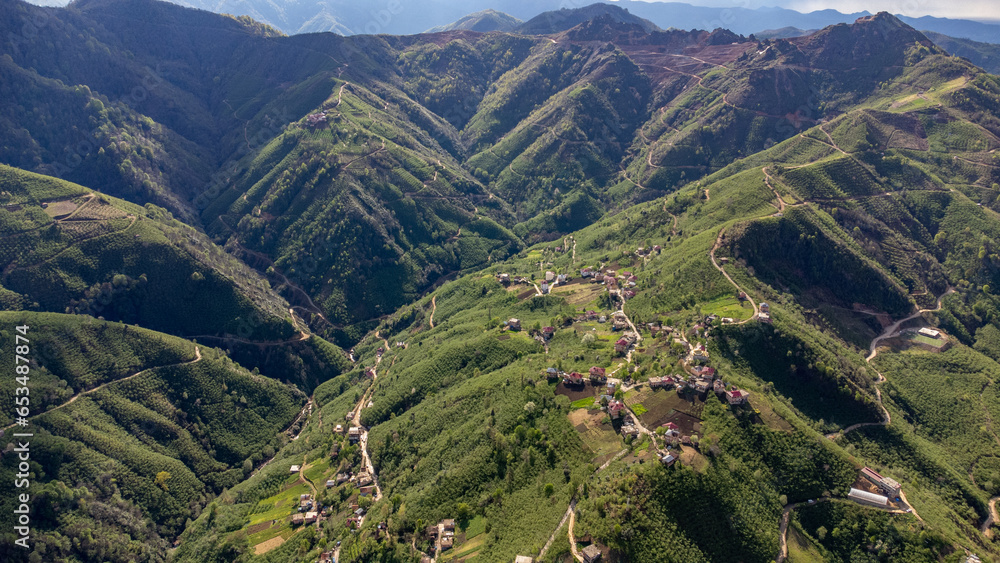 Aerial view of village in mountains in Turkey on a sunny day