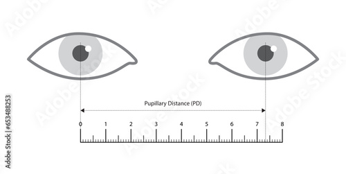 Pupillary distance measurement in cm ruler template Eye frame glasses fashion accessory medical illustration. Optical center Sunglass front view style, flat eyeglasses with lens sketch style outline 