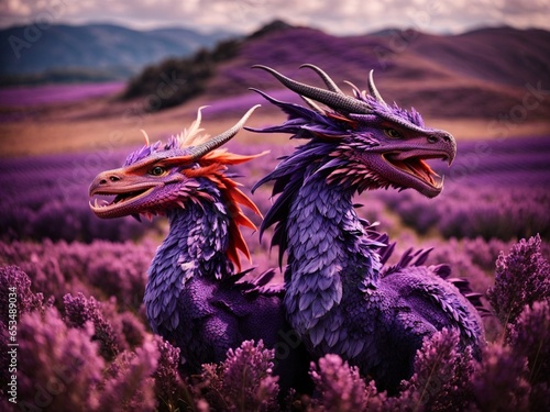 Majestic dragons with feathers instead of scales, soaring over lavender fields photo