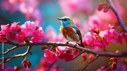 Bird and Flowers, A Vibrant and Beautiful Spring Nature Background photo