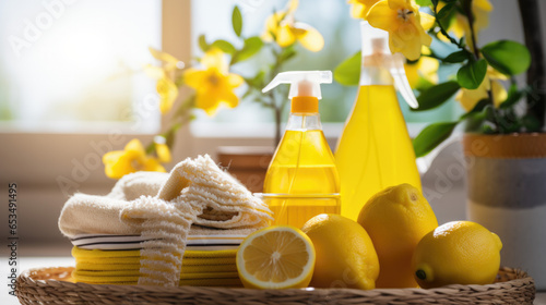 Spray bottles filled with yellow cleaner and lemons next to them