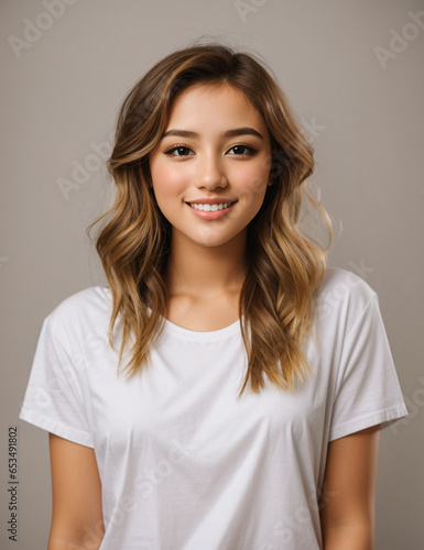 Portrait of a beautiful model, plain t-shirt, photo studio, smiling and laughing happily