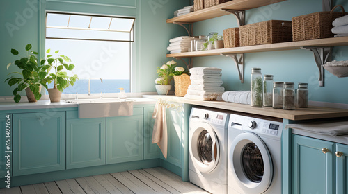 A laundry room with washing machines and shelves on which cleaners stand