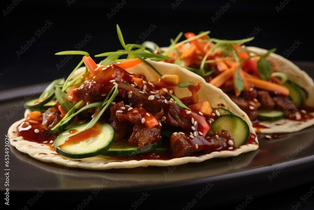 Inspired by the flavors of Korea, this unique taco features succulent, thinly sliced grilled beef marinated in a sweet and savory soyginger sauce. Topped with a crunchy mix of tangy kimchi Inspired by the flavors of Korea, this unique taco features succulent, thinly sliced grilled beef marinated in a sweet and savory soyginger sauce. Topped with a crunchy mix of tangy kimchi