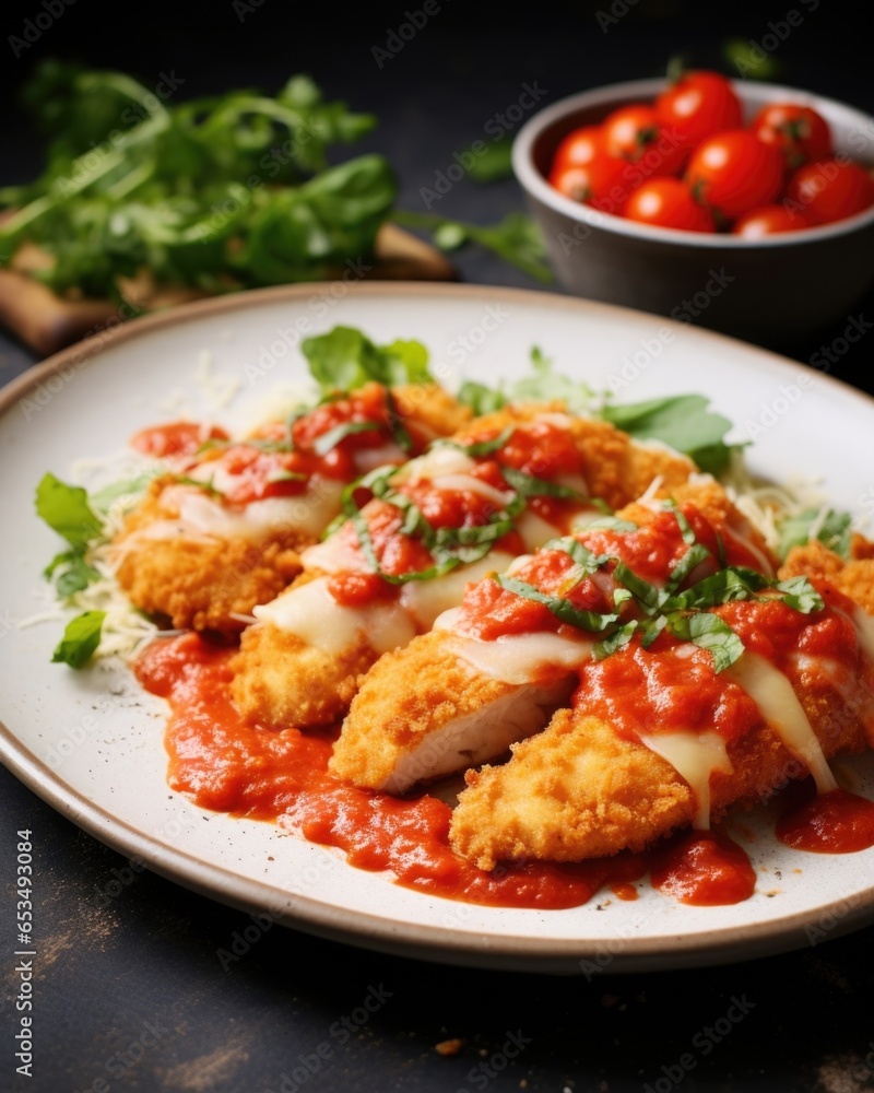 An exemplary dish of goldenbrown, breaded chicken escalopes adorned with a vibrant and tangy tomato sauce that adds a lively kick, made even more delectable with the addition of gooey melted An exemplary dish of goldenbrown, breaded chicken escalopes adorned with a vibrant and tangy tomato sauce that adds a lively kick, made even more delectable with the addition of gooey melted
