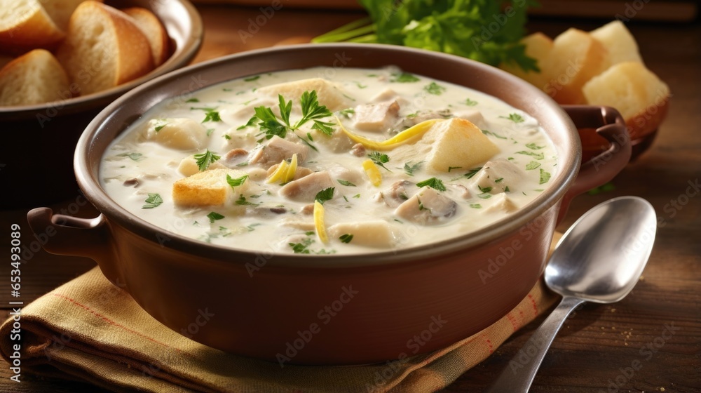 Dive into this hearty bowl of chowder, b with delicate clams, chunks of tender potato, and a medley of aromatic vegetables, all united in a luscious, creamy broth that will transport you
