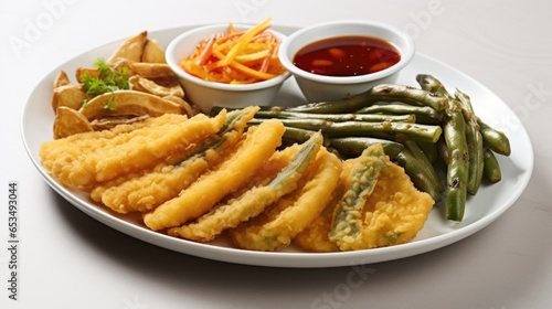 The image captures the essence of vegetable tempura, showcasing a colorful medley of fried vegetables. Each piece bursts with flavor and the delicate batter adds a delightful crispness to