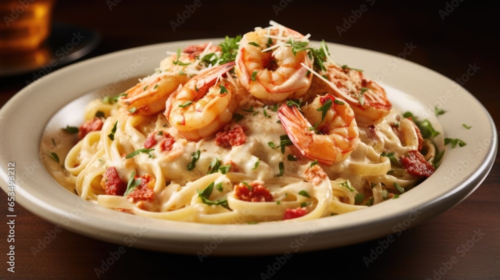 An artful depiction of panseared shrimp resting on a bed of al dente linguine, cloaked in a velvety, homemade Alfredo sauce showcasing the flavors of freshly grated Romano cheese and roasted