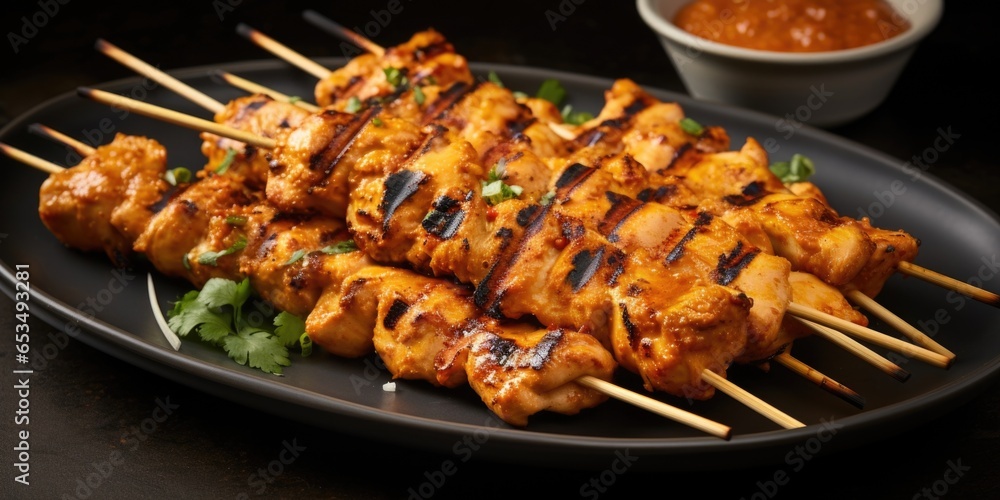 Experience a culinary delight with these skewers of chicken satay, showcasing tender chicken chunks, marinated in a medley of Asian es, encompassing flavors of lerass, turmeric, and cumin.