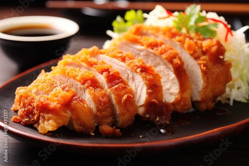 The photograph showcases a tantalizing sight of chicken katsu, its surface glistening in the light, revealing a beautifully cooked piece of poultry ready to be sad. photo