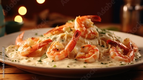 An appetizing photograph showcasing plump shrimps lightly grilled and elegantly presented atop a pool of smooth Alfredo sauce, sprinkled generously with grated nutmeg for a sophisticated photo