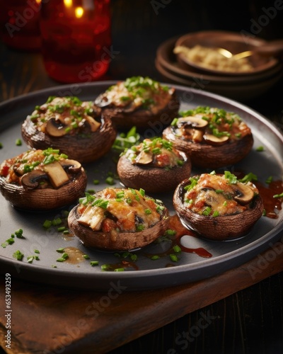 A tantalizing shot showcases the Portobello mushrooms fresh out of the oven, their plump caps providing a perfect vessel for the warm, gooey stuffing, enticingly oozing out with every slice.