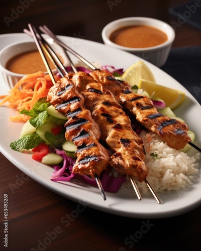 Indulge in a delightful array of chicken satay, where each skewer showcases tender strips of marinated chicken, grilled to a smoky perfection. Accompanied by a delectable peanut dipping photo