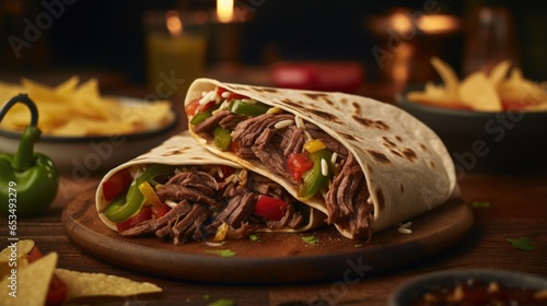 A wellcomposed image highlighting the generous portions of tender shredded beef enveloped in a perfectly folded tortilla, with colorful hints of diced bell peppers adding a pop of freshness. photo