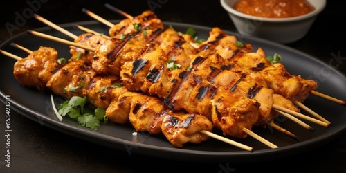 Experience a culinary delight with these skewers of chicken satay, showcasing tender chicken chunks, marinated in a medley of Asian es, encompassing flavors of lerass, turmeric, and cumin. © Justlight