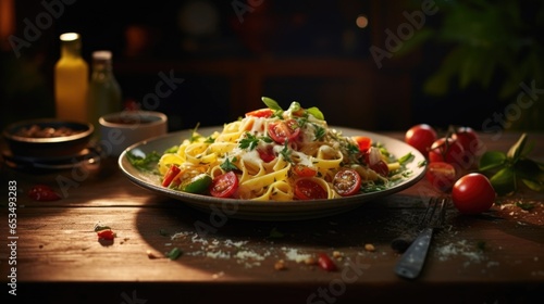 In this visually exciting shot, Margherita Pasta takes center stage atop a rustic wooden table. The pasta is accompanied by a colorful medley of roasted cherry tomatoes, which burst with