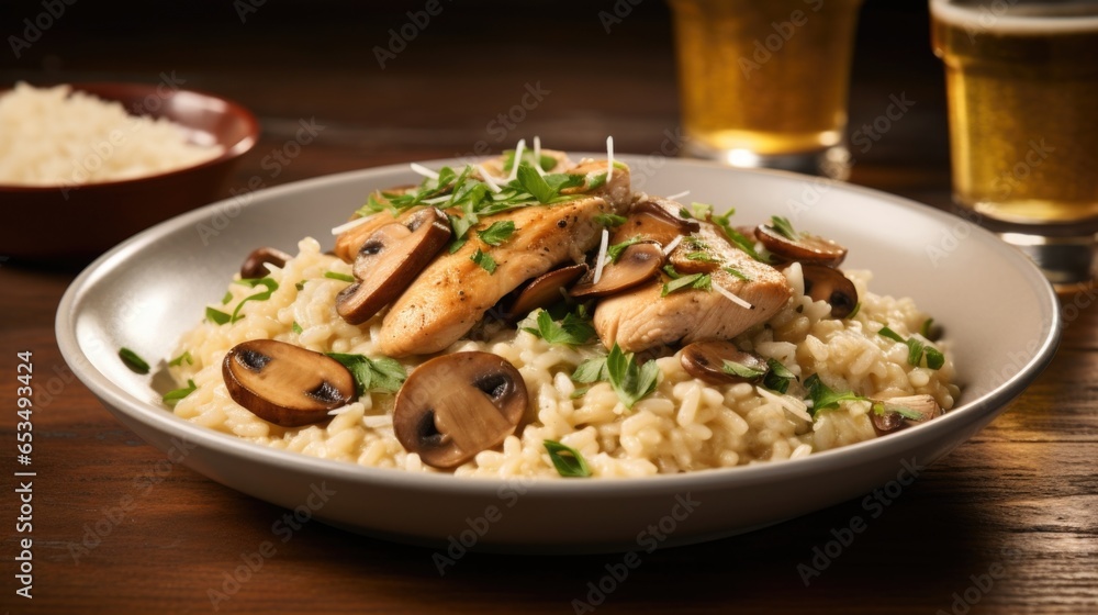 This captivating image showcases a rustic bowl of chicken and mushroom risotto that exudes comfort and indulgence. The risotto is cooked to perfection, allowing each grain of rice to absorb This captivating image showcases a rustic bowl of chicken and mushroom risotto that exudes comfort and indulgence. The risotto is cooked to perfection, allowing each grain of rice to absorb
