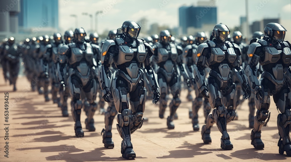 隊列を組む未来の軍事ロボット｜Futuristic military robots forming a formation. Generative AI - obrazy, fototapety, plakaty 