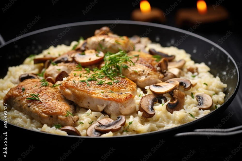 lens captures an appetizing closeup of a creamy chicken and mushroom risotto, garnished with a sprinkle of freshly cracked black pepper. The risotto boasts a decadent texture, lens captures an appetizing closeup of a creamy chicken and mushroom risotto, garnished with a sprinkle of freshly cracked black pepper. The risotto boasts a decadent texture,