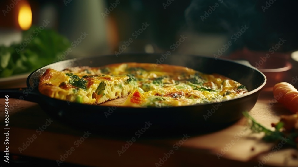 The frittata showcases a skillfully prepared mixture of saut ed vegetables that retain their natural crunch, providing a satisfying bite in every mouthful.