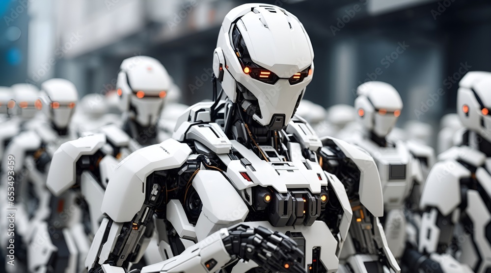 隊列を組む未来の軍事ロボット|Futuristic military robots forming a formation. Generative AI 隊列を組む未来の軍事ロボット|Futuristic military robots forming a formation. Generative AI