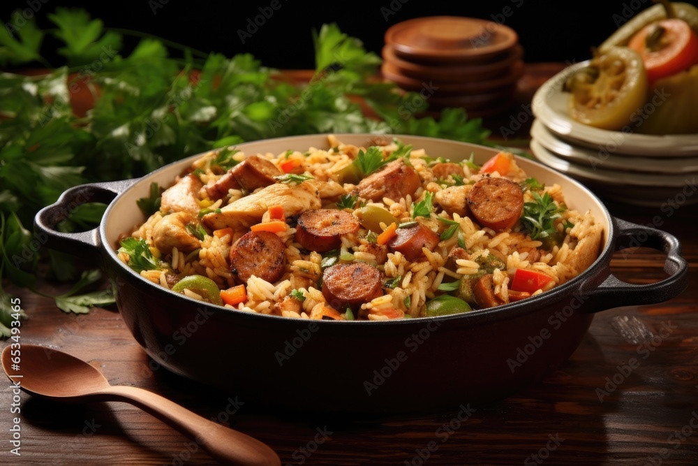 A picturesque composition showcasing a steaming bowl of Chicken and Sausage Jambalaya, revealing the essence of Louisiana cuisine. The carefully arranged chunks of chicken and sausage give A picturesque composition showcasing a steaming bowl of Chicken and Sausage Jambalaya, revealing the essence of Louisiana cuisine. The carefully arranged chunks of chicken and sausage give