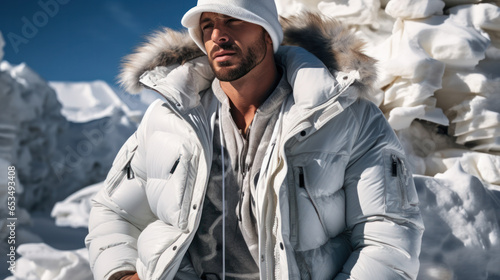 Brutal bearded man with in white glossy parka. Hipster at expensive ski resort