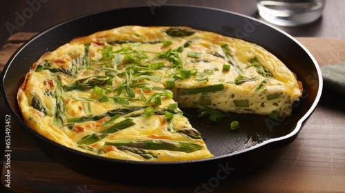 Thinly sliced asparagus spears are strewn across the frittata, adding a touch of elegance and a delicate, slightly bitter flavor to the dish.