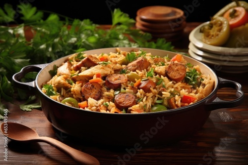 A picturesque composition showcasing a steaming bowl of Chicken and Sausage Jambalaya, revealing the essence of Louisiana cuisine. The carefully arranged chunks of chicken and sausage give