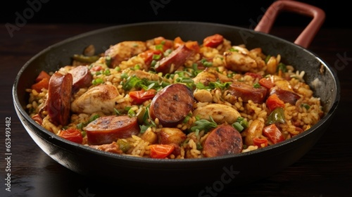 An enticing birdseye view of a skillet b with Chicken and Sausage Jambalaya, the colorful ingredients arranged beautifully to create a visually appealing dish. The smoky sausages and succulent